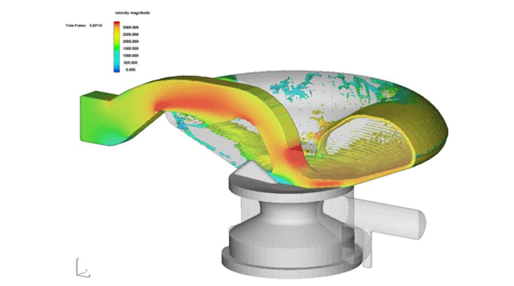 A multi-physics simulation of molten aluminum impacting a piston. FLOW-3D proved the concept of a vent valve invention for a HPDC casting application.