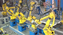 A series of 20 robots are installed to pour ductile iron for lightweight complex automotive parts A series of 20 robots are installed to pour ductile iron for lightweight complex automotive parts