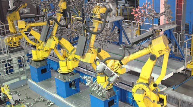 A series of 20 robots are installed to pour ductile iron for lightweight, complex automotive parts.