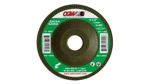 Green Grind wheels are available in 36grit size type 27 shape with 45 5 and 7in diameters with a 78 or 58inch11 arbor hole