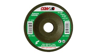 Green Grind wheels are available in 36-grit size, type 27 shape, with 4.5-, 5-, and 7-in. diameters, with a 7/8- or 5/8-inch-11 arbor hole.
