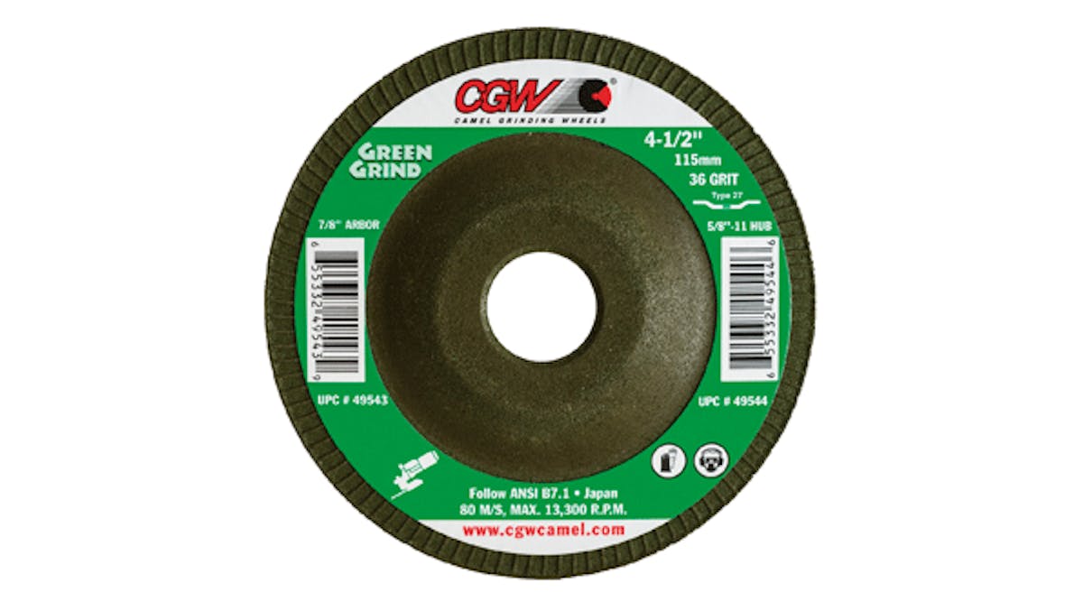Green Grind wheels are available in 36-grit size, type 27 shape, with 4.5-, 5-, and 7-in. diameters, with a 7/8- or 5/8-inch-11 arbor hole.