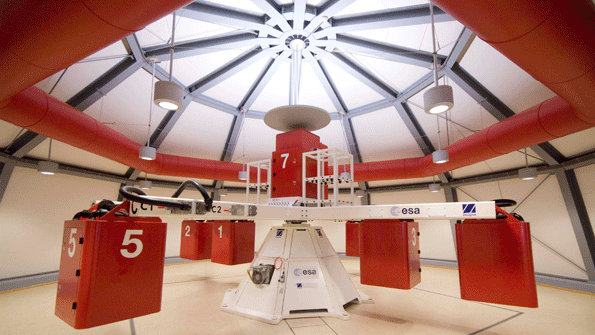 The LargeDiameter Centrifuge at the European Space Research and Technology Centre at Noordwijk The Netherlands The rotation of the LDC creates a hypergravity field inside each gondola The LDC has an 8m diameter with four arms that support up to eight gondolas two per arm with a maximum payload of 80 kg per gondola In practice six gondolas are available plus one gondola in the center for control or reference experiments