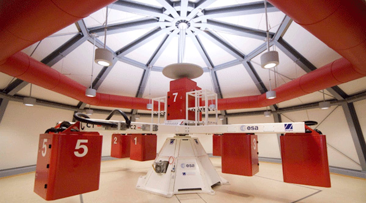 The Large-Diameter Centrifuge at the European Space Research and Technology Centre at Noordwijk, The Netherlands. The rotation of the LDC creates a hypergravity field inside each gondola. The LDC has an 8-m diameter, with four arms that support up to eight gondolas (two per arm), with a maximum payload of 80 kg per gondola. In practice, six gondolas are available, plus one gondola in the center for control or reference experiments.