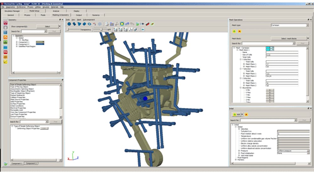 Cooling channels are modeled in Flow-3D&rsquo;s redesigned Meshing &amp; Geometry window.