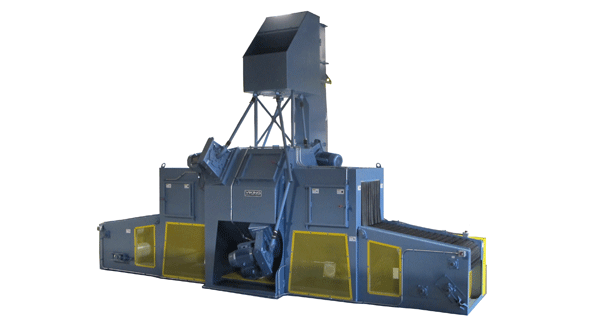 The CB3630 has a cabinet made of 38in thick manganese alloy lined with replaceable wear liners mounted directly opposite of the blast wheels to protect the cabinet from abrasive impingement