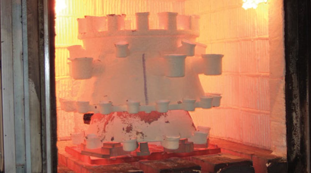 This 300-kg ceramic mold will require 2.5 metric tons of ASTM A217 Grade C12A steel to produce a finished casting that achieves a 27% weight savings versus a comparable sand casting. Firing the ceramic mold at 1,000&deg;C removes all traces of carbon that would otherwise prevent the use of polystyrene patterns for the manufacture of steel castings. (Photo by Castings Technology International)