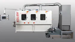 Parts travel a magnetic conveyor through two deburring stages flipping them in process to ensure all surfaces are cleaned