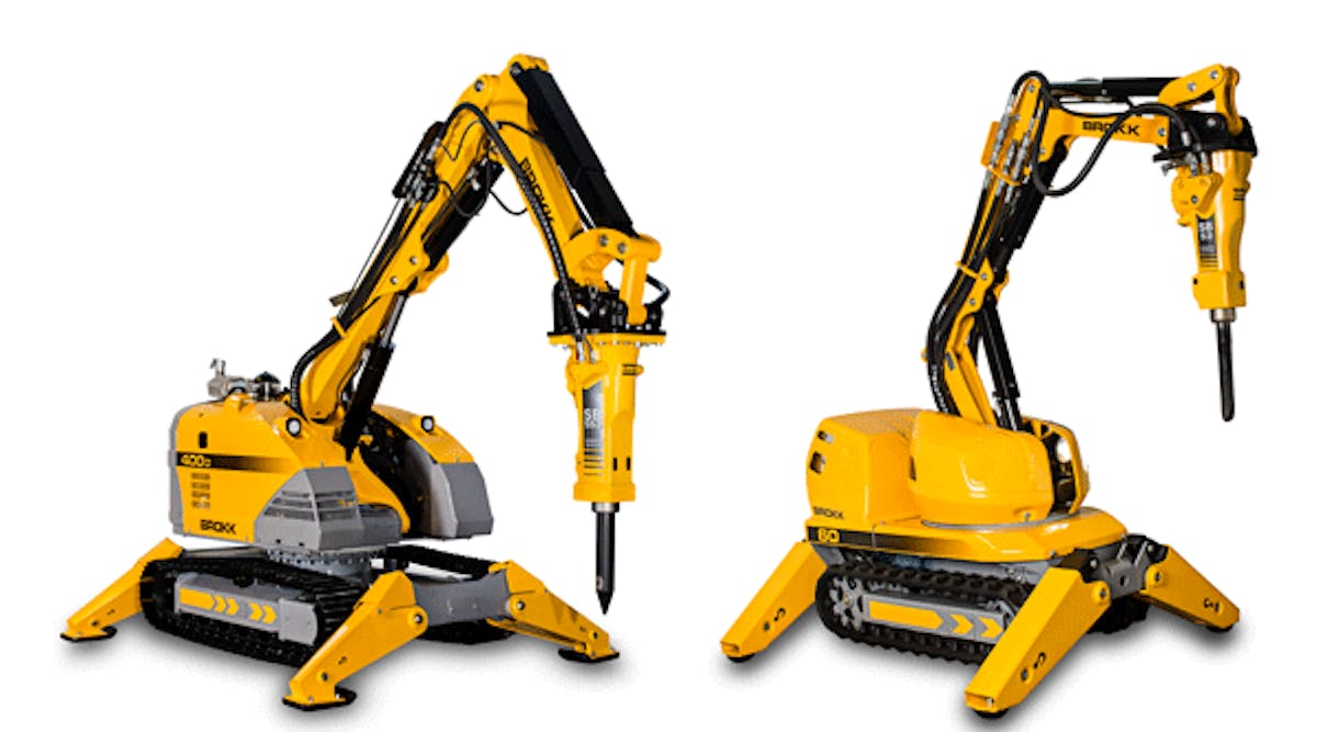 The 400D (left) has the benefits of the previous design that it replaces in a heavier-duty machine, and is faster and more durable for applications where electricity is difficult to access. The Brokk 60 is faster and more powerful than the preceding version, but still compact (34.4 in. tall) and easy to maneuver.