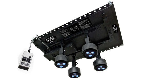 The ONT365 has four broadbeam lamp heads Each has three ultrahighflux UVA 365 nm LEDs for NDT inspection and one white light LED for general illumination