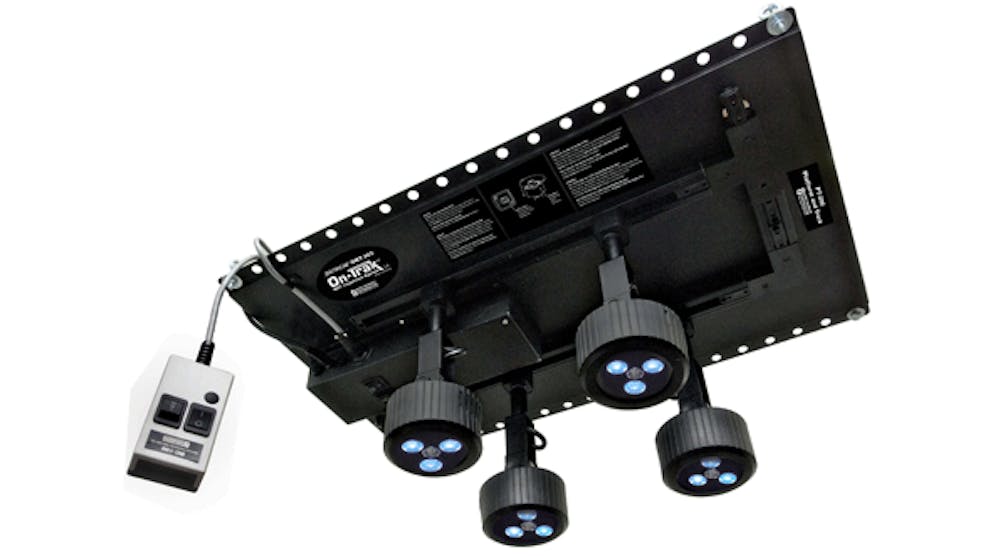 The ONT-365 has four broad-beam lamp heads. Each has three ultra-high-flux UV-A (365 nm) LEDs for NDT inspection and one white light LED for general illumination.