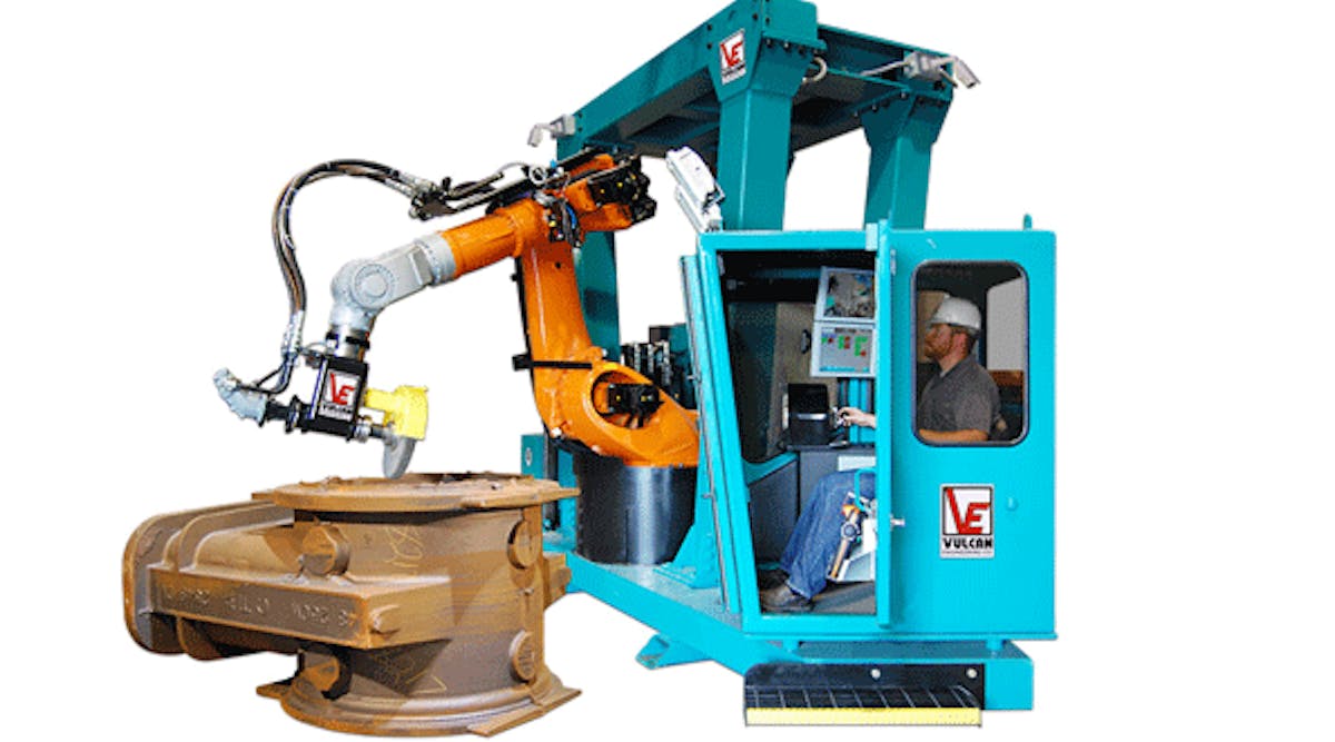 To finish large castings without dedicated fixtures or fixed casting orientation, an operator can move the robot into the work zone, then rescale the hand control for more precise movement in this finite area.