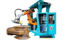 To finish large castings without dedicated fixtures or fixed casting orientation an operator can move the robot into the work zone then rescale the hand control for more precise movement in this finite area To finish large castings without dedicated fixtures or fixed casting orientation an operator can move the robot into the work zone then rescale the hand control for more precise movement in this finite area