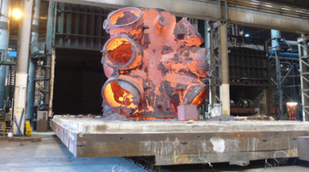 One of the 12 cast steel nodes weighing up to 117 metric tons, following heat treatment at Vulcan SFM, in Sheffield, England.