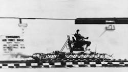 Lt Col John Stapp aboard the rocket sled at Edwards Air Force Base in California The first mannedrun of the rocket sled took place in December 1947 and a total of 74 manned tests were conducted through 1951 Lt Col John Stapp aboard the rocket sled at Edwards Air Force Base in California The first mannedrun of the rocket sled took place in December 1947 and a total of 74 manned tests were conducted through 1951