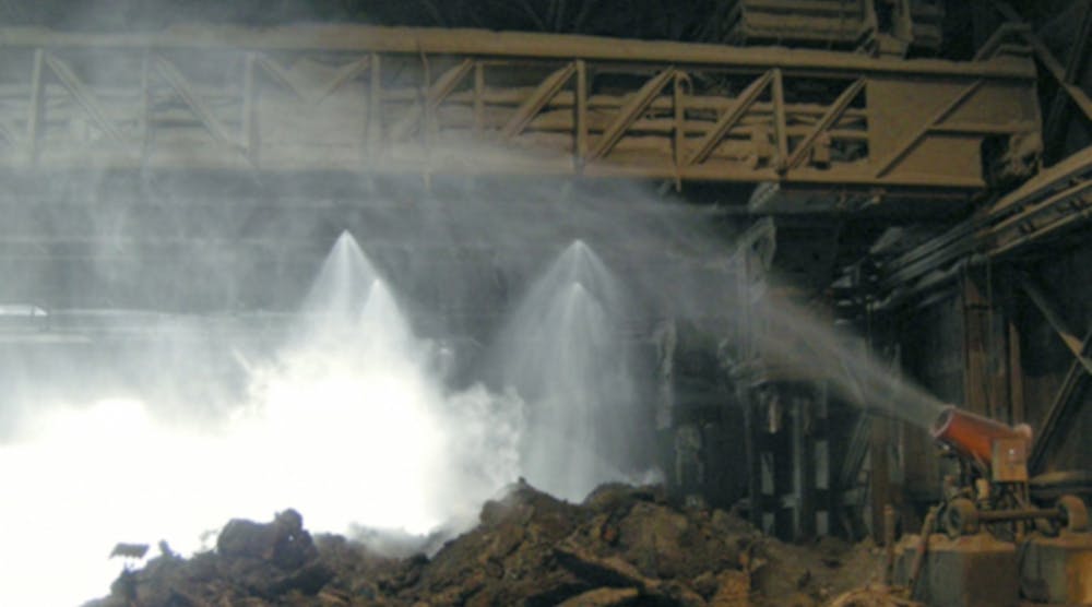 The high-performance dust control system prevents the migration of fugitive material from dust-generating activities, such as crushing and sizing steel slag.