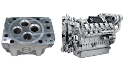 A CGI cylinder head, here shown fully machined (left), and the V-12 version of the MTU Series 2000 engine, one of three models for which Tupy casts cylinder heads.