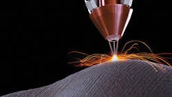 Metal laser sintering draws information from a 3D CAD model to determine the proper orientation and placement of powdered metal An stl ldquobuildrdquo file is prepared from the CAD data and that information is organized into slices that represent the layers of material to be deposited by a fiberoptic laser The laser fuses each layer of metal powder to the substrate and each preceding layer until a solid shape is formed according to the shape indicated by the CAD Metal laser sintering draws information from a 3D CAD model to determine the proper orientation and placement of powdered metal An stl ldquobuildrdquo file is prepared from the CAD data and that information is organized into slices that represent the layers of material to be deposited by a fiberoptic laser The laser fuses each layer of metal powder to the substrate and each preceding layer until a solid shape is formed according to the shape indicated by the CAD