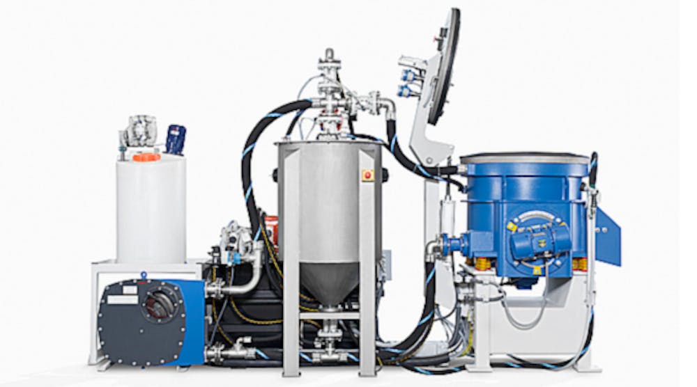 The VG 25 finishing system, shown with a peristaltic pump, abrasive media storage tank, and vibratory work bowl.