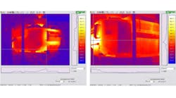 Left: a thermographic image showing conditions in one of the AE-Group furnaces prior to modernization, helping to evaluate locations of heat loss. Right: after relining the furnace chamber, another thermographic image shows the improvements.