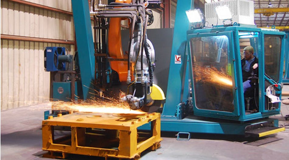 The VTS-G model configuration uses a high-power grinding attachment as the end-of-arm tool. The operator can grind and cut around the outside and inside of casting, and the entire arrangement is mobile &mdash; so it can be moved by crane or railcar.