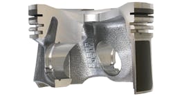 The Elastoval II is up to 20% lighter than the previous iteration of the piston series, with wall sections as thin as 2.5 mm. &apos;Any reduction in wall thickness requires the entire piston structure to be redesigned,&apos; stated Arnd Baberg, chief engineer product engineering for Federal-Mogul Powertrain Energy, in 2012. The complex curved side panel forms of the piston are inclined in two planes and are closer together at the top to support the piston crown, using multiple weight-reducing pockets and crown reinforcing ribs. The piston pin bosses are curved towards the side panels and boss distance is reduced to the minimum possible. The design uses asymmetric geometries to maximize weight reduction.