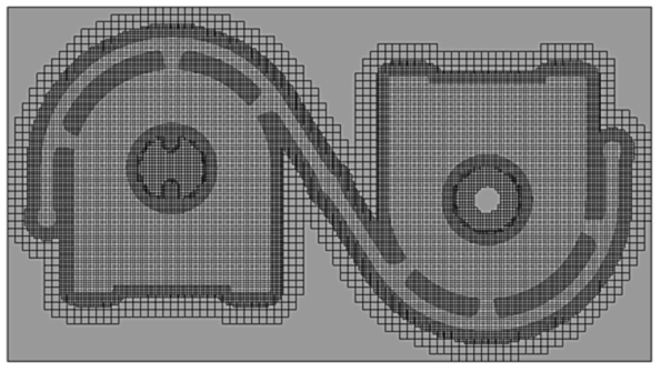 A 2D view of a twoblock mesh for a gravity casting from FLOW3D version 11