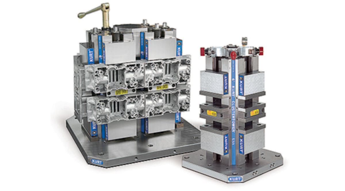 CarvLock tower systems can be configured to function according to manufacturers&rsquo; specific needs on mid-sized and larger HMCs. Each tower station has a three- or four-inch jaw opening and provides repeatable clamping to 0.0002 inch, with a maximum clamping force of 5,870 to 7,460 lbs.