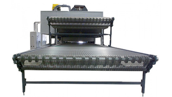 The upper chamber is heated by a natural gas burner and preheats product via forced air convection The lower chamber utilizes infrared panels arranged in individual zones of control to allow for variation of heating across the entire surface of the product The upper convection chamber can operate between 300deg and 500degF while the lower infrared chamber can operate between 200deg and 800degF