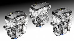 As announced last spring, GM&rsquo;s new Ecotec small engine portfolio will include 11 different three- and four-cylinder variants, ranging from 1.0 to 1.5 liter displacement, including turbocharged versions. Shown are the Ecotec 1.0-liter turbocharged three-cylinder engine (right), the Ecotec 1.5-liter engine (center), and the Ecotec 1.4-liter turbocharged engine (left).