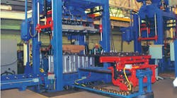 The EM CB 800, part of the patented EMI CB Series of high production, vertically parted Isocure core machines. This is a modular replacement of a complete molding machine, re-designed and -built entirely by EMI to fill the same footprint and daylight, but with many design upgrades — e.g., split guide rod bushings, linear variable displacement transducers, and the single draw yoke mechanism — not available at the time of the original design. The EM CB 800, part of the patented EMI CB Series of high production, vertically parted Isocure core machines. This is a modular replacement of a complete molding machine, re-designed and -built entirely by EMI to fill the same footprint and daylight, but with many design upgrades — e.g., split guide rod bushings, linear variable displacement transducers, and the single draw yoke mechanism — not available at the time of the original design.