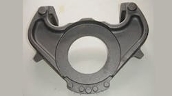 A cast ductile iron part for control arm. The foundry originally approached the feeding design for this casting by placing two symmetrical feeders, but that arrangement produced excessive porosity in the part, and no acceptable castings were produced with that arrangement.