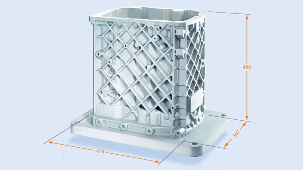 Concept Laser produced this gear box by laser melting aluminum in what it calls ldquothe largest part produced using additive manufacturingrdquo It measures 474 x 367 x 480 mm XxYxZ excluding the height of the build platform at a build rate of gt 50cmsup3h