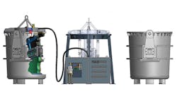 The MLC 20011 system consists of the milling equipment, a holding frame, and a container for the hydraulic unit, including the tank and the controls. In operation, the ladle milling unit (left) is raised by an overhead crane from the holding frame (middle) into the casting ladle (right.)