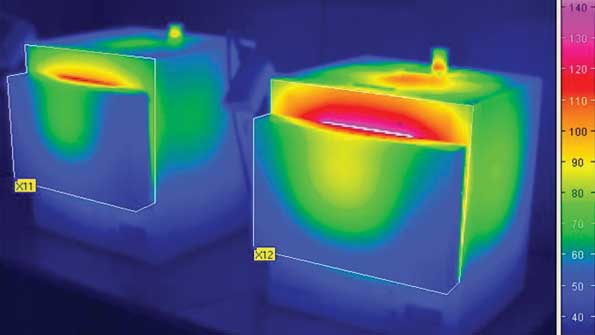 A thermograph of two IFBlined kilns shows how much heat is wasted for different lining material types during a 1000degC firing test