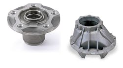 Examples of Asahi Tec&rsquo;s ductile iron castings include this Sand cast ductile-iron front hub and differential housing, produced commercial vehicle OEMs.