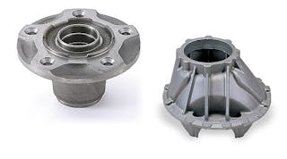 Examples of Asahi Tec&rsquo;s ductile iron castings include this Sand cast ductile-iron front hub and differential housing, produced commercial vehicle OEMs.