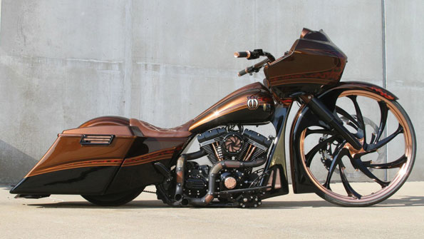 A view of Misfit Industries39 Brennivin saddlebags installed on the ldquoSick CVOrdquo customized HarleyDavidson touring cycle