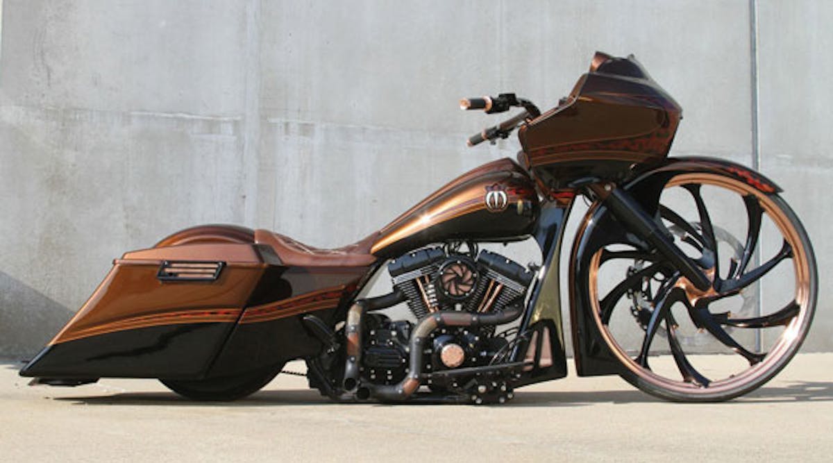 A view of Misfit Industries&apos; Brennivin saddlebags installed on the &ldquo;Sick CVO&rdquo; customized Harley-Davidson touring cycle.