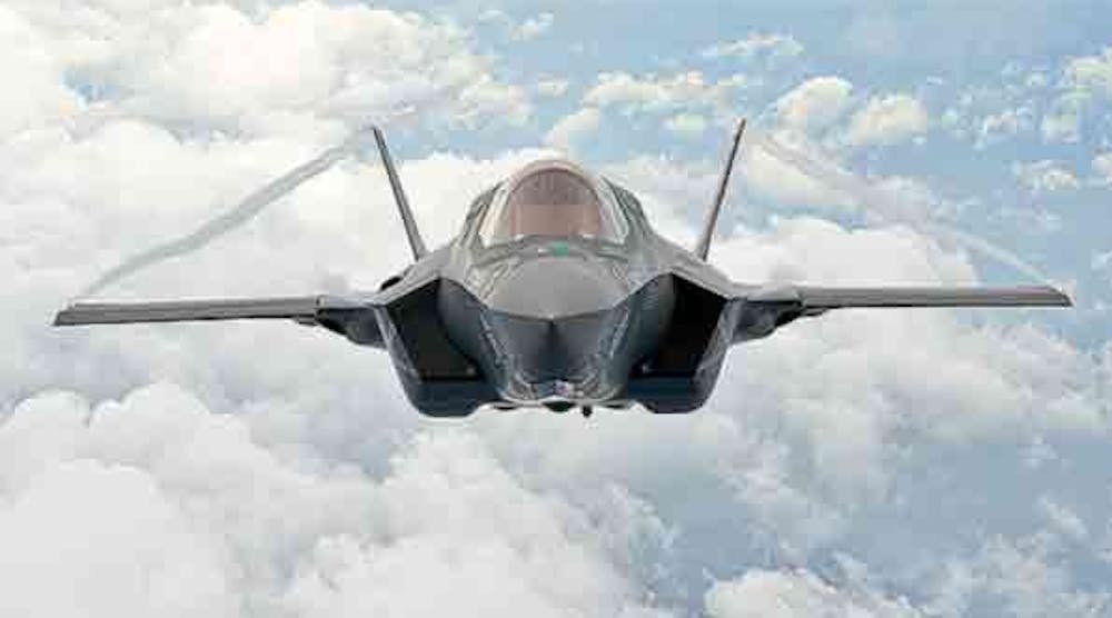 The F-35 Lightning II is a stealth-enabled fighter jet built by Lockheed Martin in three variants &mdash; for different combat missions: conventional takeoff and landing, short takeoff and vertical landing, and carrier-based takeoff and landing &mdash; and will replace the A-10 and F-16 for the U.S. Air Force, the F/A-18 for the U.S. Navy, the F/A-18 and AV-8B Harrier for the U.S. Marine Corps, and a variety of fighters for at least 10 other countries. The EOTS is enclosed in the sealed compartment visible below the cockpit.