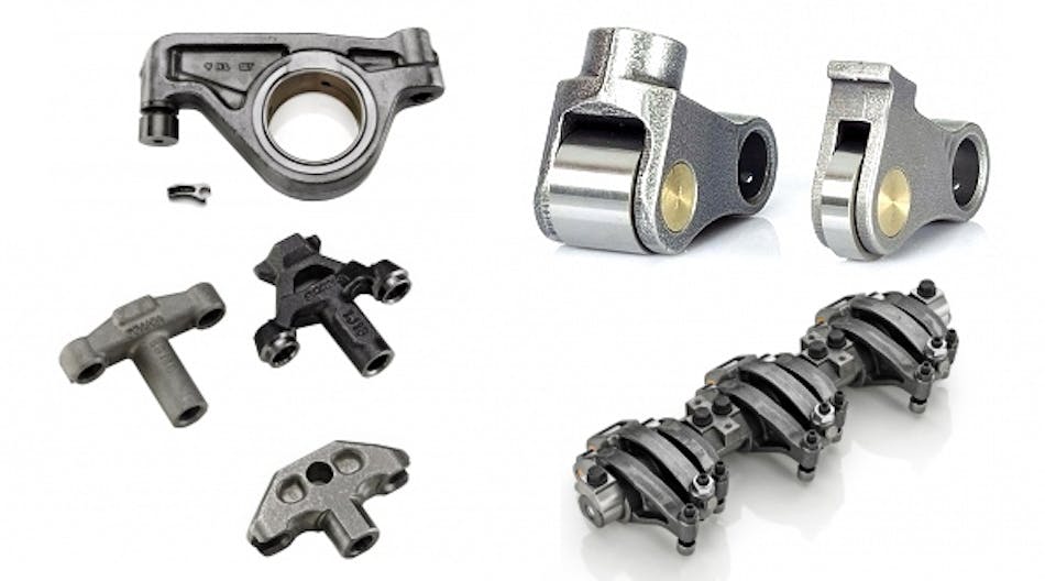 Examples of precision iron castings produced by Gnutti Carlo USA: (clockwise, from top left) rocker arm components, valve lifters, rocker arm assemblies, and valve bridges. The group also produces