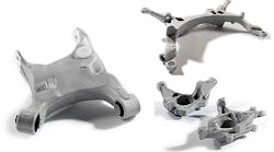 Examples of Compass Automotive Group&rsquo;s aluminum products (clockwise, from left): a hollow, thin-walled control arm structure; a large, automotive subframe casting; and some examples of steering knuckles for small passenger vehicles.