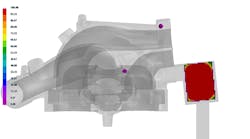 The initial QuikCast simulation showing shrinkage porosity locations present in the casting.