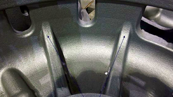 A detail view of the prototype casting produced with 3Dprinted cores supplied by Hoosier Pattern