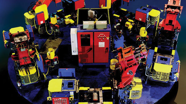 A common turntable system design for semipermanent molding involves eight stations as seen in this model though installations are customizable to foundriesrsquo individual circumstances