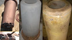 Left - Cupola tuyere failure due to liquid iron penetration; Center - new tuyere as calorized; Right - calorized tuyere removed from service and sandblasted for inspection, absent iron penetration (right).