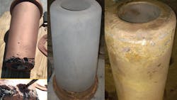 Left Cupola tuyere failure due to liquid iron penetration Center new tuyere as calorized Right calorized tuyere removed from service and sandblasted for inspection absent iron penetration right Left Cupola tuyere failure due to liquid iron penetration Center new tuyere as calorized Right calorized tuyere removed from service and sandblasted for inspection absent iron penetration right