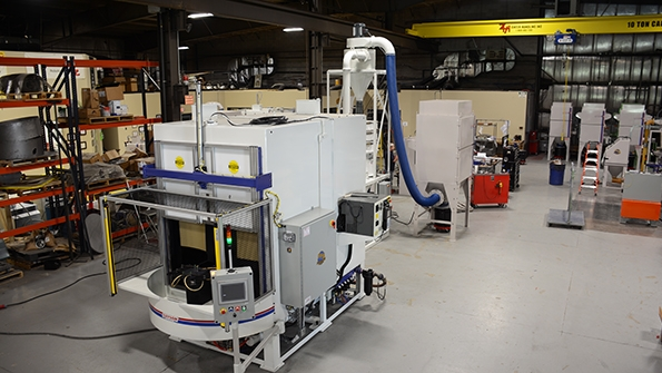 Guysonrsquos model RXS400 rotaryindex twinspindle machine is designed to operate as the basis of gritblasting work cell and a platform for highprecision robotic grit blasting