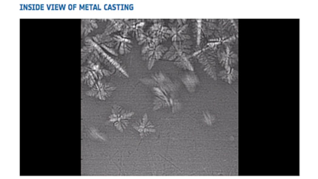 From the European Space Agency: An X-ray recording of metal solidifying under microgravity. The video was recorded on a Maser sounding rocket. In under seven minutes a small furnace was used to cook a metal sample to 700&deg;C turning it liquid before it was frozen inside a cooling chamber to solidify into crystal clusters. An X-ray camera captured this dramatic experiment for analysis.