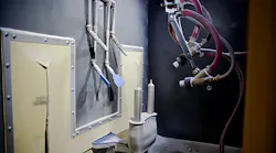 RXS400 system has a small footprint and offers simultaneous dual operation The front enclosure serves as a device that controls media egress by capturing and returning any dust and residual media back to the machine hopper It aids in noise reduction by surrounding the sliding vertical doors through which the parts enter and exit the blast chamber Incorporated is a twin spindle feature allows for two part flow